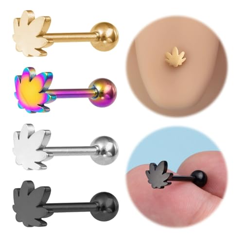 4Pcs 14G Stainless Steel Tongue Rings for Women Simple Heart Star Maple Leaf Tongue Ring Straight Bar Tongue Barbell Hypoallergenic Tongue Piercing Jewelry - style: Maple Leaf