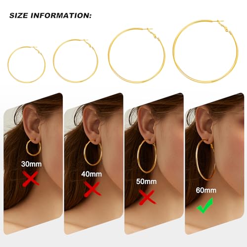4 Pairs Silver Gold Hoop Earrings for Women | 14K Gold Plated Hoop Earrings Set Hypoallergenic Earring Lightweight Dangle Earrings Set - color: 1 Pair Gold-60mm