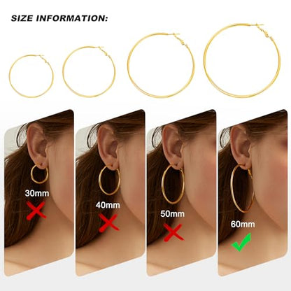 4 Pairs Silver Gold Hoop Earrings for Women | 14K Gold Plated Hoop Earrings Set Hypoallergenic Earring Lightweight Dangle Earrings Set - color: 1 Pair Gold-60mm