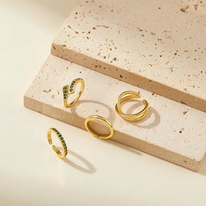 LOFITOR 4PCS Gold Toe Rings for Women Non Tarnish Waterproof Toe Ring Set | 14K Gold Filled Dainty Stackable Cute Thin Adjustable Open Band Toe Ring Cz Foot Jewelry For Beach Summer Hawaiian - style: Green CZ Style