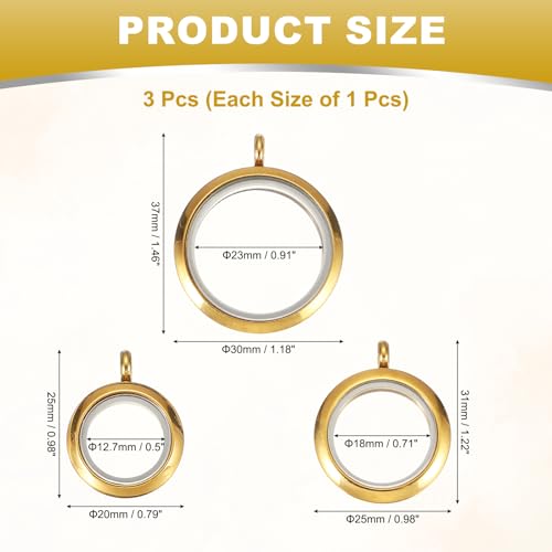 MECCANIXITY Living Memory Locket Charm, Round Floating Locket Pendants Stainless Steel Clear Glass Photo Charm - color: Gold, size: 12.7/18/23 mm