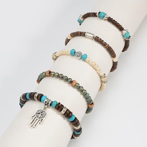 Boho Wooden Beads Bracelets Bohemian Bracelet Stack for Men Women Wood Beaded Bracelet Set - color: E
