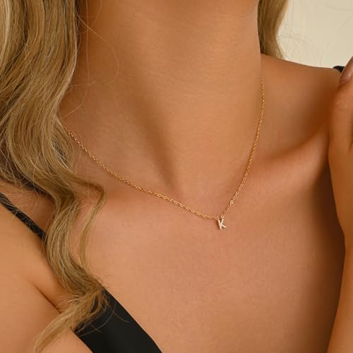 Small Letter Necklace for Women 18K Gold Plated Cubic Zirconia Tiny Initial Necklace Dainty Personalized Name Necklaces - color: V-Gold