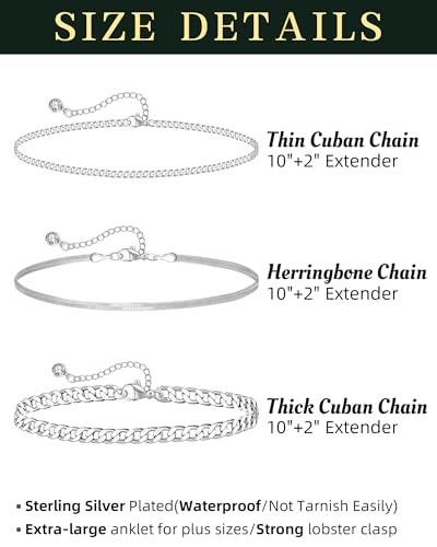 Plus Size Ankle Bracelets for Women - Extra Large 10"+2" Adjustable Anklet 14K Real Gold Plated Anklet Cuban Link, Figaro, Rope, Snake Herringbone - Summer Beach Waterproof Foot Jewelry - color: Curb, Chunky Curb,Snake Silver