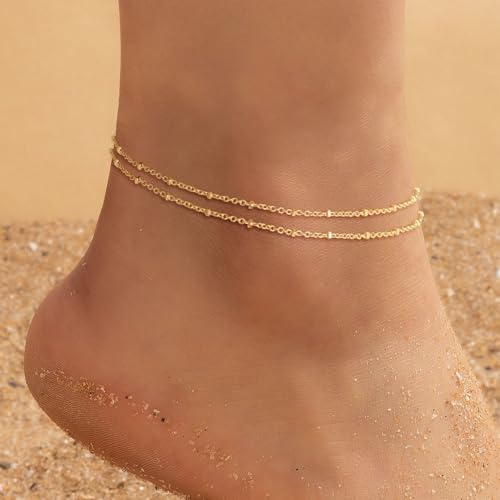 Robaice Ankle Bracelets for Women, 14K Gold Plated/Silver Layered Anklets | Waterproof Adjustable Anklet for Women, Summer Beach Anklet, Glitter Jewelry for Women Gifts - color: Gold-2