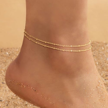 Robaice Ankle Bracelets for Women, 14K Gold Plated/Silver Layered Anklets | Waterproof Adjustable Anklet for Women, Summer Beach Anklet, Glitter Jewelry for Women Gifts - color: Gold-2