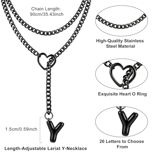 Black Heart Slip Chain Initial Necklaces for Women, Stainless Steel Wrap Choker Necklace, Gothic O-Ring Adjustable Lariat Y Necklaces, Punk Cuban Collar Choker Necklace, Halloween Jewelry Gift - color: Black Y