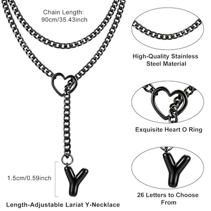 Black Heart Slip Chain Initial Necklaces for Women, Stainless Steel Wrap Choker Necklace, Gothic O-Ring Adjustable Lariat Y Necklaces, Punk Cuban Collar Choker Necklace, Halloween Jewelry Gift - color: Black Y