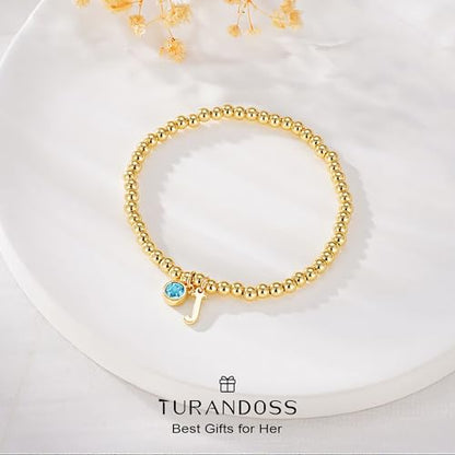 Birthstone Initial Beaded Bracelets for Women - Dainty 14K Gold Plated 12 Months Birthstone Charm Letter A-Z Bracelet Trendy Personalized Birthday Jewelry Gifts for Women Teen Girls - color: Jan-Garnet, style: J