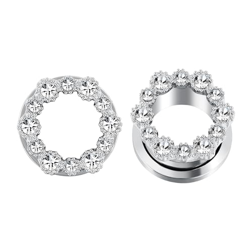 Tunnels Gauges, 2PCS Stainless Steel Tunnel Set Hollow Flower with Round Cubic Zirconia Screw Back Ear Gauges Plugs Tunnels 2G - 5/8 inch Ear Piercing Jewelry - color: Silver, size: 5/8 inch(16mm)