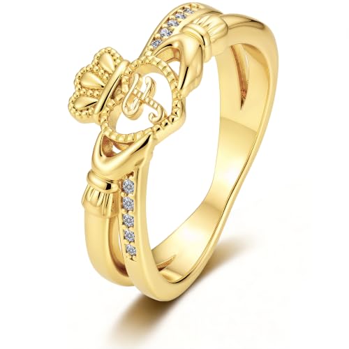 Gold Initial Crown Rings for Women Non Tarnish 14K Gold Plated Vintage Heart Thumb Rings Personalized Carved Anniversary Valentine's Day Gifts - color: Gold-F