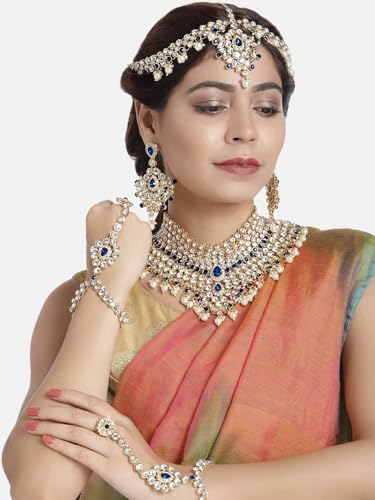 Aheli Bollywood Style Indian Bridal Choker Necklace Matha Patti Nose Ring Haath Phool Wedding Fashion Bharatanatyam jewellery set for Women - color: Blue