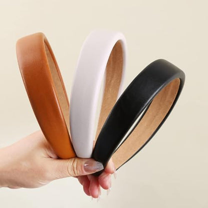 3 Pack Padded Leather Headbands for Women - Fashion Wide Non-Slip Hair Hoops - color: Black, white,Brown-B