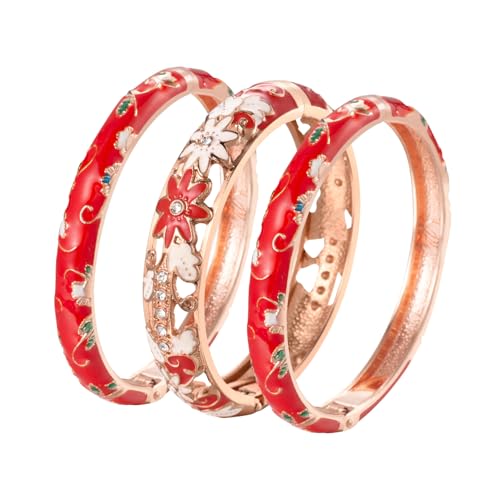 UJOY Womens Multi-Colors Cloisonne Bracelet Plated Flower Hollowed Enameled Hinged Cuff Bangles Jewelry Gift 88A10 - color: 3 Pcs Set-C11-Red