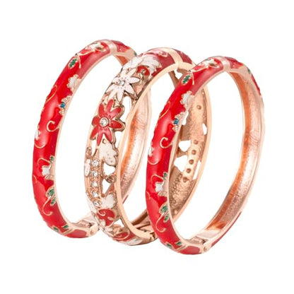 UJOY Womens Multi-Colors Cloisonne Bracelet Plated Flower Hollowed Enameled Hinged Cuff Bangles Jewelry Gift 88A10 - color: 3 Pcs Set-C11-Red
