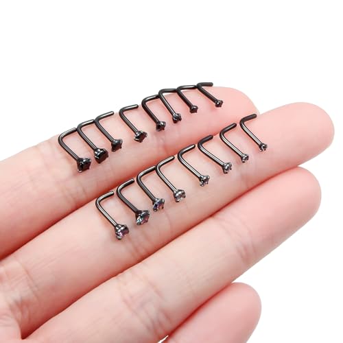 Black Nose Ring Surgical Steel Nose Rings Studs 22G 20G 18G L Shaped Nostril Piercings Cubic Zirconia Nostril Piercing Jewelry for Women Men 16Pcs 1.5mm 2mm 2.5mm 3mm Top - color: 18g,16pcs,L shaped nose studs