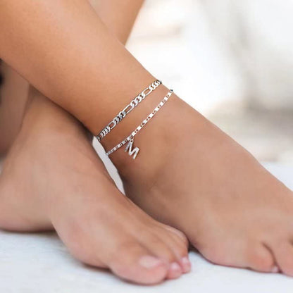Ursteel Ankle Bracelets for Women, 14K-Gold-Plated Dainty Layered Chain CZ Initial Anklets Set Summer Jewelry Gifts for Women - style: I-Silver-Plated