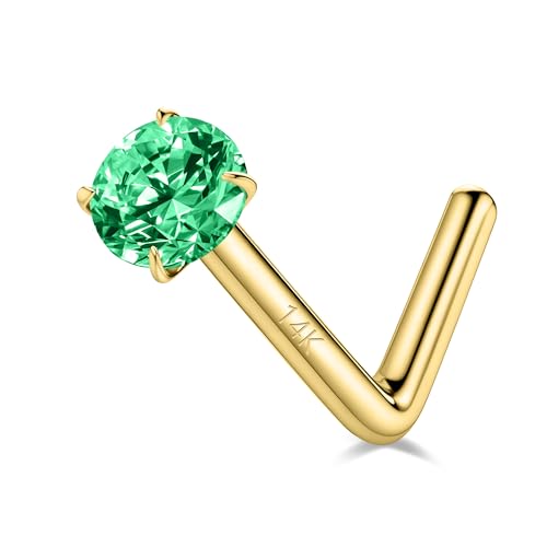 SYLWIA 14K Real Gold Nose Studs, 20g 18g L Shaped Nose Rings, Simulated Emerald Diamond CZ - 2mm 2.5mm 3mm, Hypoallergenic Corkscrew Nose Ring Piercing for Women Men - color: Green CZ/L-Shaped, size: 18g(1.0mm),2.5mm Stone