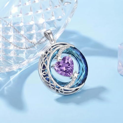 Birthstone Necklace for Women Crystal Moon and Star Pendant White Gold Celtic Moon Jewelry Birthday Graduation Gifts for Wife Her - style: Moon-2