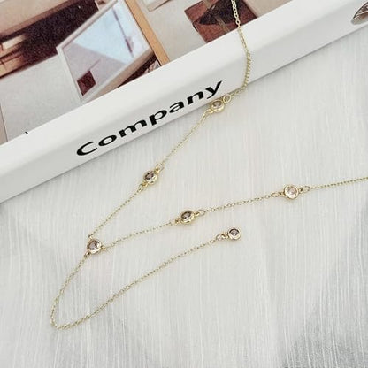 Lariat Gold Necklace for Women, Dainty Long Necklace Y-Shaped Layered Beaded Chain Drop 14k Gold Plated/Silver Necklaces Trendy CZ Diomand Simple Jewelry for Women Gift - color: Gold-Y-5CZ