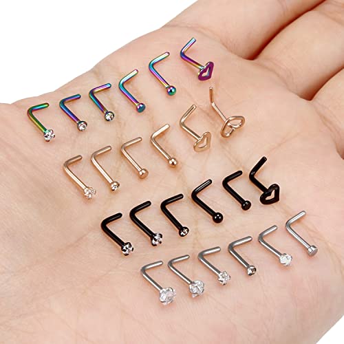 18G 20G Nose Rings Piercings Hypoallergenic Nose Studs 316L Surgical Steel Heart Nose Rings L Shaped Straight Screw Nose Piercing Jewelry for Women Men Silver Black Rose Gold Colorful - color: 18G Mix Color-L Shaped
