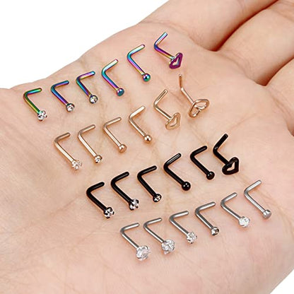18G 20G Nose Rings Piercings Hypoallergenic Nose Studs 316L Surgical Steel Heart Nose Rings L Shaped Straight Screw Nose Piercing Jewelry for Women Men Silver Black Rose Gold Colorful - color: 18G Mix Color-L Shaped
