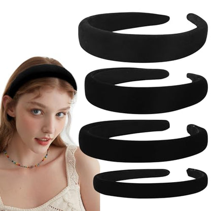 4Pcs Black Velvet Headband for Women Girls Wide Hairbands Pack Non Slip Thick Headband Set Adult Padded Hair Band Fashion Soft Bundle of Hairs for Long Short Thin Curly Hair Charms Christmas Gifts - color: Ba 4Pcs Black Velvet