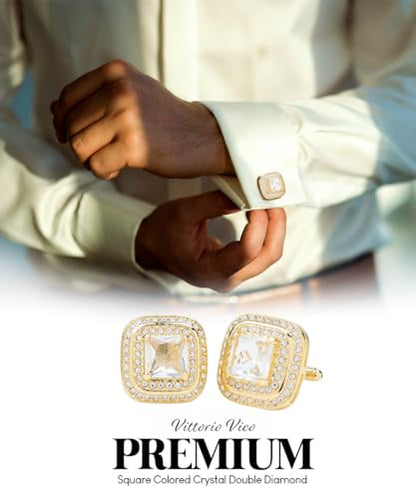 Square Colored Crystal Double Diamond Set Cufflinks - color: Clear/Gold