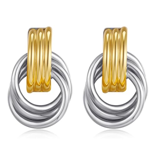 Gold Chunky Earrings for Women Geometric Knot Link Drop Dangle Earrings 14K Gold Plated Statement Earrings Trendy Gold Jewelry - color: Style 8-Two Tone