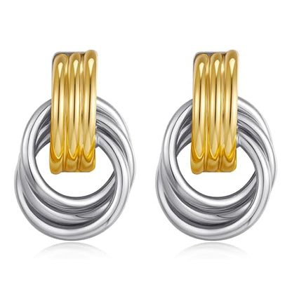 Gold Chunky Earrings for Women Geometric Knot Link Drop Dangle Earrings 14K Gold Plated Statement Earrings Trendy Gold Jewelry - color: Style 8-Two Tone