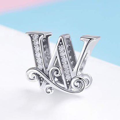 BISAER 925 Sterling Silver Initial Letter A-Z Charms for Bracelets Alphabet Beads Charm Jewelry Gifts - color: Letter W