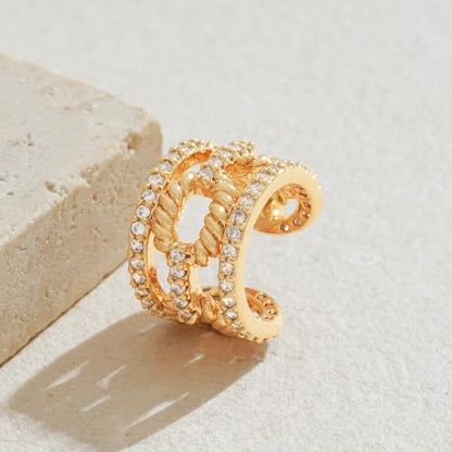 Gold Ear Cuff Earring for Women 14K Gold Plated Cubic Zirconia Non-Pierced Clip on Cartilage Chunky Ear Cuffs Hypoallergenic Jewelry - style: chain