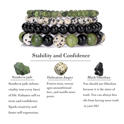 Vinswet 4pcs Beaded Bracelets for Women,Natural Healing Crystal Gemstones Bracelet,Anxiety Stress Relief Bracelet Handmade purple Jewelry Gifts for Women - color: Southern jade&Dalmatian Jasper&Black Obsidian