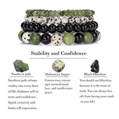 Vinswet 4pcs Beaded Bracelets for Women,Natural Healing Crystal Gemstones Bracelet,Anxiety Stress Relief Bracelet Handmade purple Jewelry Gifts for Women - color: Southern jade&Dalmatian Jasper&Black Obsidian