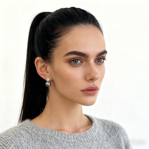 Faux Pearl Cubic Zirconia Stud Earrings, Hypoallergenic Lightweight Round Pearl Studs for Women - color: Platinum Grey, size: Pearl 12mm-CZ 6mm