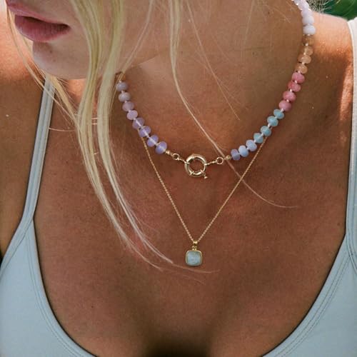 KissYan Beaded Gemstone Necklaces for Women | Colorful Bead Natural Stone Choker with 14K Gold Plated Spring Ring Clasp, Handmade Knot Jewelry for Summer Beach - color: V-Aura
