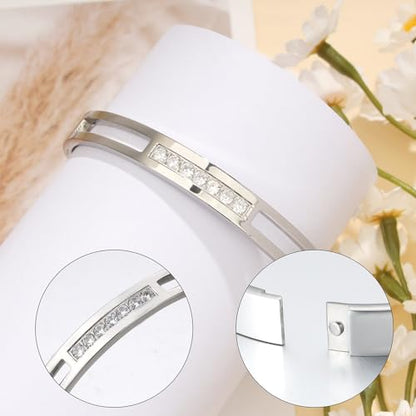 MILAKOO 6/8mm Gold/Silver Color Bangle Hollow Stainless Steel with Rhinestone Bracelets - color: Silver, size: 8mm