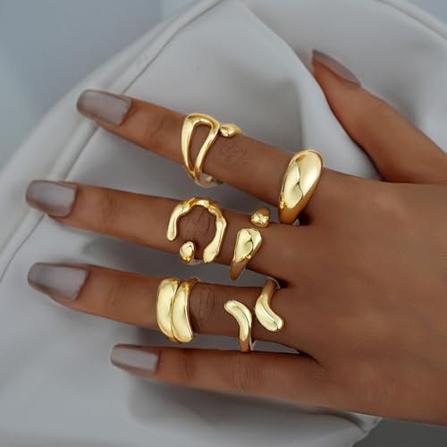 17 MILE Chunky Gold Stackable Rings for Women Non Tarnish, 18K Gold-Plated Statement Open Stacking Rings, Knuckle Band Ring Set - color: Gold 6 Pcs