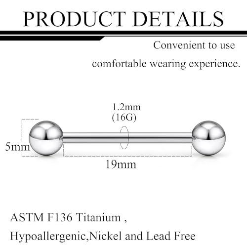 Grade 23 Titanium Externally Threaded Nipple Piercing Jewelry Barbell Ring Tongue Rings Nipple Straight Body Piercing Jewelry for Women Men 14G 16G 12mm 14mm 16mm 19mm - style: 16GA - 3/4" (19mm)