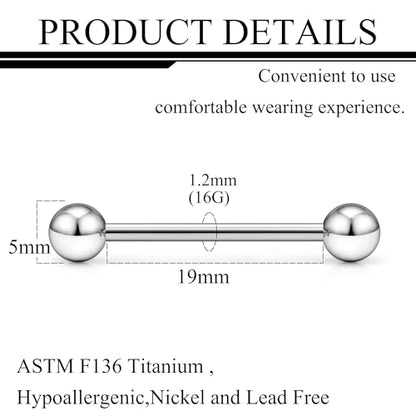 Grade 23 Titanium Externally Threaded Nipple Piercing Jewelry Barbell Ring Tongue Rings Nipple Straight Body Piercing Jewelry for Women Men 14G 16G 12mm 14mm 16mm 19mm - style: 16GA - 3/4" (19mm)