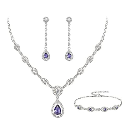 EVER FAITH Bridal Jewelry Set for Women, Stunning Teardrop Cubic Zirconia Birthstone Necklace Bracelet Earrings Sets Gift for Mothers Day/Valentines/Birthday/Christmas - color: Purple