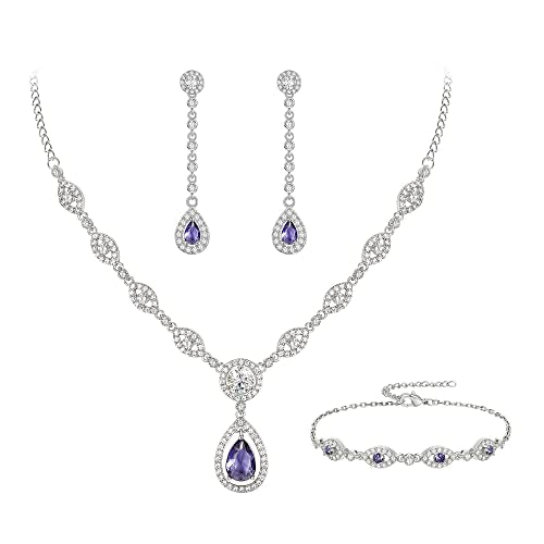 EVER FAITH Bridal Jewelry Set for Women, Stunning Teardrop Cubic Zirconia Birthstone Necklace Bracelet Earrings Sets Gift for Mothers Day/Valentines/Birthday/Christmas - color: Purple
