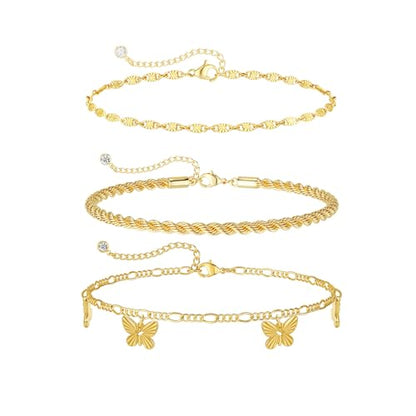 MFRYK Gold Ankle Bracelets for women,14k Gold/Silver Plated Waterproof Layered lightweight Cuban Link Figaro Chain Heart anklet butterfly anklet Pearl Ankle Bracelets Set Gold Anklets for women Trendy Jewelry Gift for Women - style: 3 anklets butterfiy ro