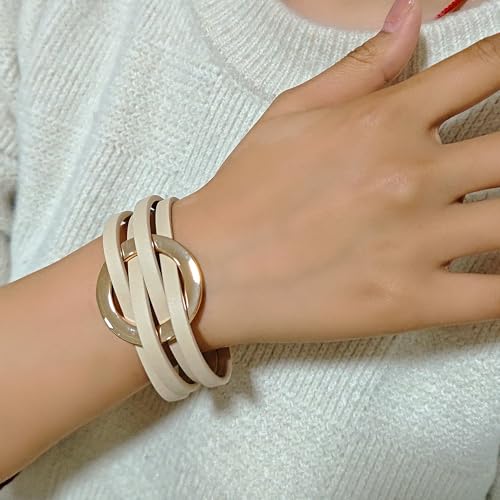 ZMANYIJEW Leather Wrap Bracelets for Women,Boho Cuff Bracelets Multi-Layer Crystal Beads Cuff Bracelet Multilayered Leopard Leather Braided Bangle Wrist Cuff Bangles - style: O-khaki