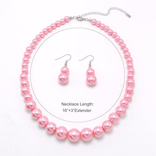 Cryshimmer Pearl Choker Necklace for Women Faux Pearl Beads Strand Necklace Earring Set Costume Jewelry,Gift for Wife Mother - color: Barbie Pink Pearl