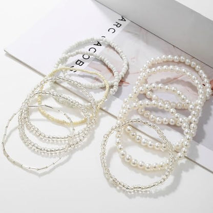 16-30Pcs Handmade Bohemian Colorful Crystal Seed Beads Stackable Adjustable Elastic Stretch Multilayerd Bracelets for Women Summer Vacation Beach Boho Bangle Jewelry - color: pearl