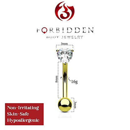 Forbidden Body Jewelry 16g 8mm Surgical Steel 3mm CZ Heart Top Barbell for Daith, Eyebrow and Rook Piercing - color: Gold Tone/Clear CZ