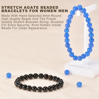 2PCS Agate Bracelet for Women Men Natural Round Beaded Agates Stone Healing Stretch Bracelets Elastic Handmade Polished Gemstone Beads Bracelet - color: Blue+Black, size: 8mm Beads