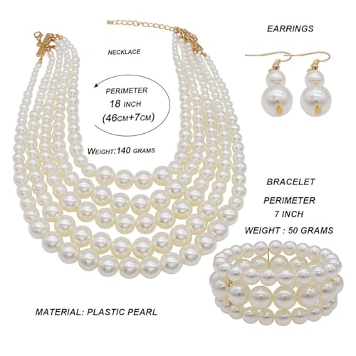 Faux Big Pearl Srand Necklaces for Women 5 Layers Pearls Choker Bib Collar Necklace Bracelet and Earrings set 1920s Costume Pearl Jewelry Bridal Wedding - color: white