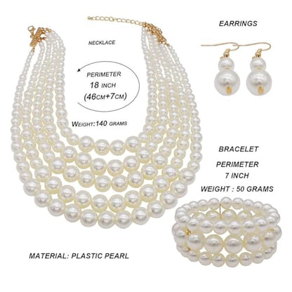 Faux Big Pearl Srand Necklaces for Women 5 Layers Pearls Choker Bib Collar Necklace Bracelet and Earrings set 1920s Costume Pearl Jewelry Bridal Wedding - color: white